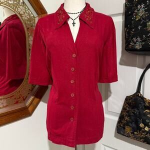 VTG 90s R&K Original Woman Red Floral Rose Embroidered Linen Blend Button Top